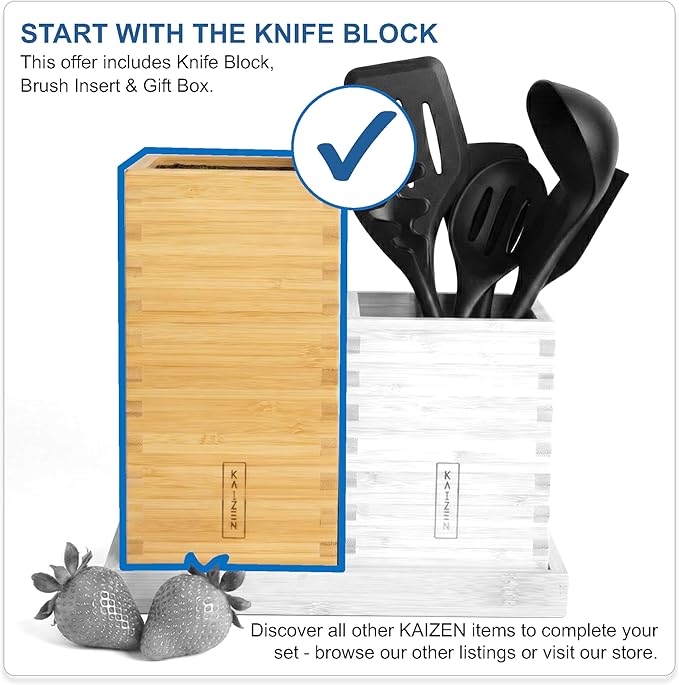 KAIZEN Bamboo Knife Block Without Knives - Perfectly Sized Universal Knife Holder for Knives, Scissors - Unique Knife Storage for Counter Top with Anti-Slip Base (Natural)