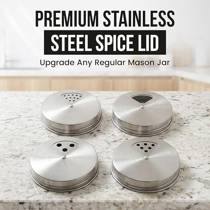 Stainless Steel Adjustable Spice Lid for Mason Jar (Regular Mouth, 6 Pack)