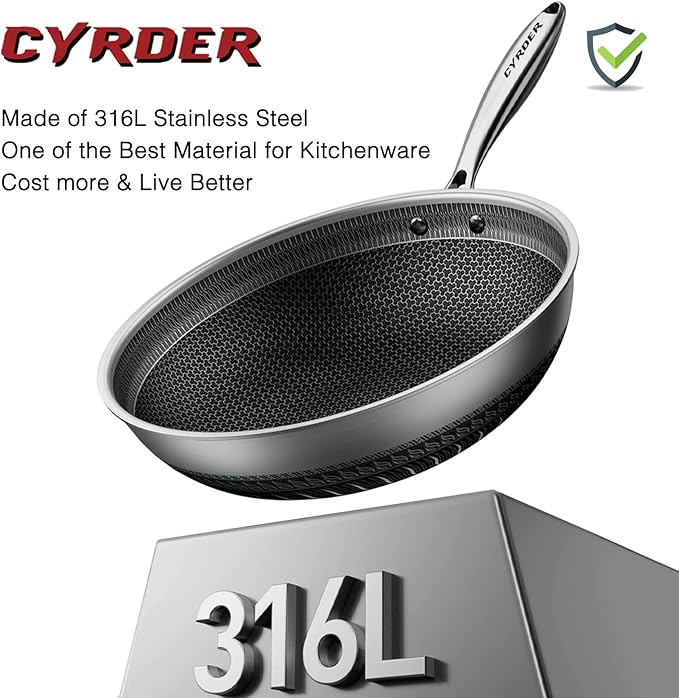Hybrid Nonstick 14.5Inch Stainless Steel Pan, Large PFOA Free Non-Stick Wok, Dishwasher Oven Safe, Stay Cool Handle Skillet, Works with Induction Cooktop/Ceramic/Gas/Electric Stove