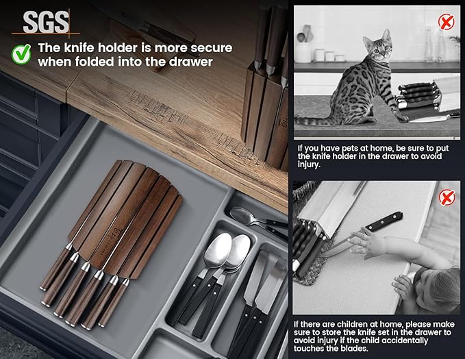 Knife Set 7 Piece Japanese Style Kitchen Knife Set With Foldable Magnetic Acacia Wood Block Sharp High Carbon Stainless Steel Knives Set for Kitchen with Anti-slip Handle, Ideal Gift