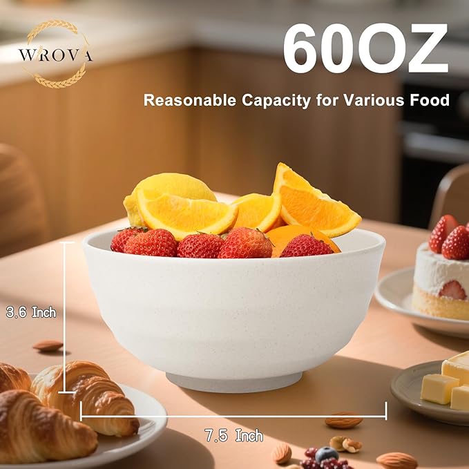 Wrova 60oz Wheat Straw Bowls Set of 6 - Unbreakable large Serving Bowl for Kitchen, Plastic Bowls Microwave Safe Cereal and Salad Bowls, Lightweight Large Chip Bowls for Party,Dorm- White