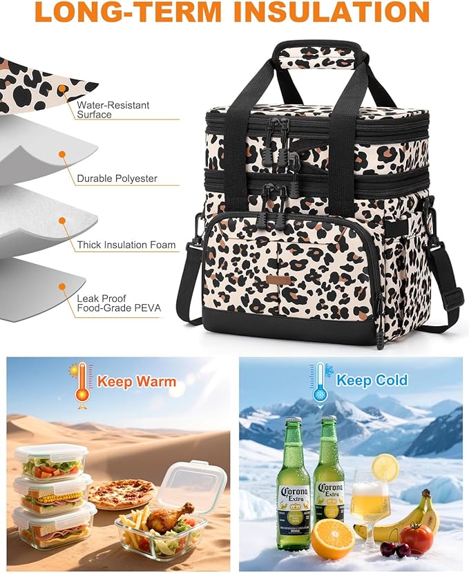 Lunch Box For Men Women Double Deck Insulated Lunch Bag For Men Woman Leakproof Expandable Cooler Bag with Adjustable Shoulder Strap for Work Picnic School(Leopard,Medium)