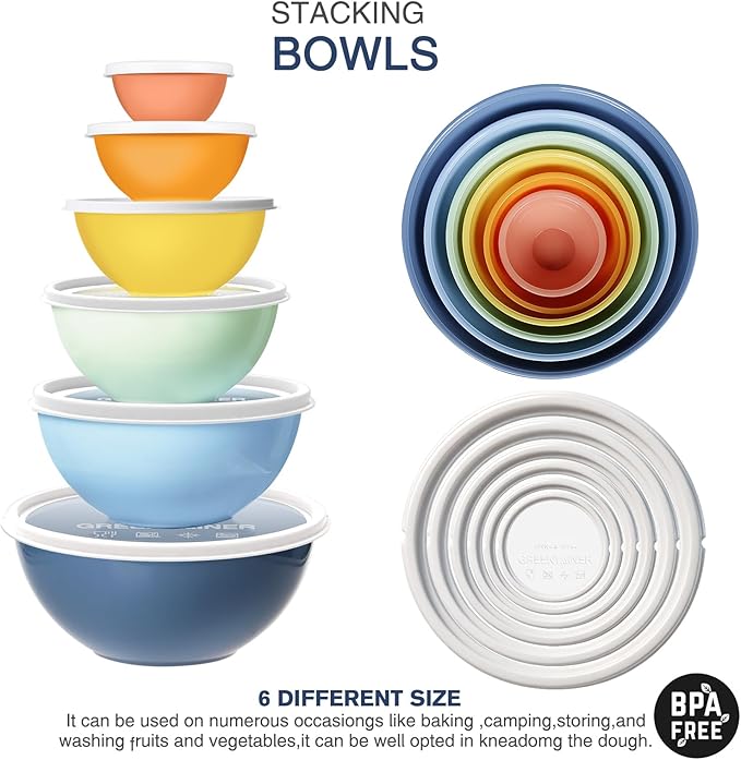 Plastic Mixing Bowls with Lids Set for Kitchen, Nesting Bowls for Mixing, Baking, Prepping, Cooking and Serving Food, Mixing Bowls Dishwasher, Microwave Safe (Light blue)