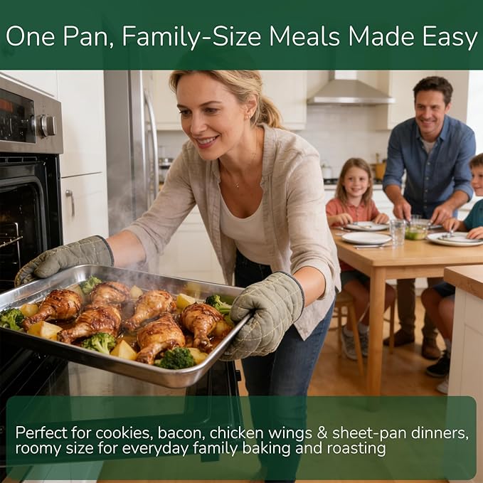 18/0 Stainless Steel Baking Sheet with Cooling Rack, Oven-Safe Non-Toxic Cookie Sheets for Baking, Set of 4, Coating Free & Rust Resistant for Healthy Family Baking, Easy to Clean, Heavy-Duty