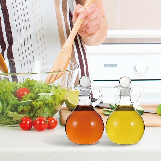 Oil and Vinegar Cruet Set of 2, Glass Oil and Vinegar Dispenser with Airtight Stopper, Glass Condiment Container for Homemade Oil, Salad Dressing