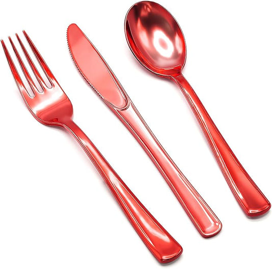 306 Pack Plastic Silverware Set - Heavy Duty Silverware Disposable Set - 102 Forks 102 Knives 102 Spoons Plastic Cutlery Disposable Utensils Set for Easter Party Dinner Wedding Gathering （Red）
