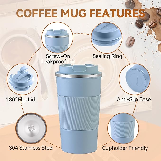 12OZ Travel Coffee Mug Insulated Coffee Cup with Spill Leak Proof Lid, Portable Stainless Steel Tumbler Reusable Hot and Cold Water Mug for Car, Daily, Camping- Light Blue