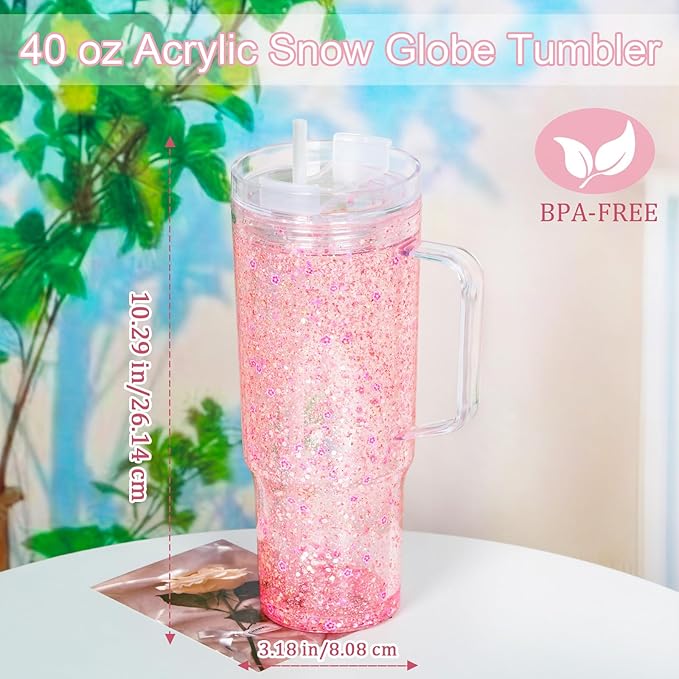 40 Oz Acrylic Snowglobe Tumbler with Handle, 2 Pack Pre-Drilled Double Wall Acrylic Clear Cup Tumbler for Glitter Snow Globe Diy
