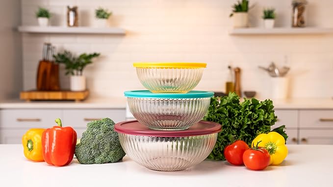 Sculpted 3 Pack Glass Mixing Bowls (1.1 QT, 2.1 QT, 3.7 QT) – Borosilicate Glass Bowls with Airtight BPA-Free Lids, Nesting Bowls for Baking and Prepping Food, Oven, Freezer & Microwave Safe