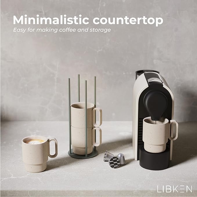 Stackable Coffee Mug Set with Green Stand Rack 4x8oz Ceramic Mugs with Unique Sprinkled Optics - Powder Coated Metal Rack for Space Saving Storage - Dishwasher-Safe - Microwave & Oven Use