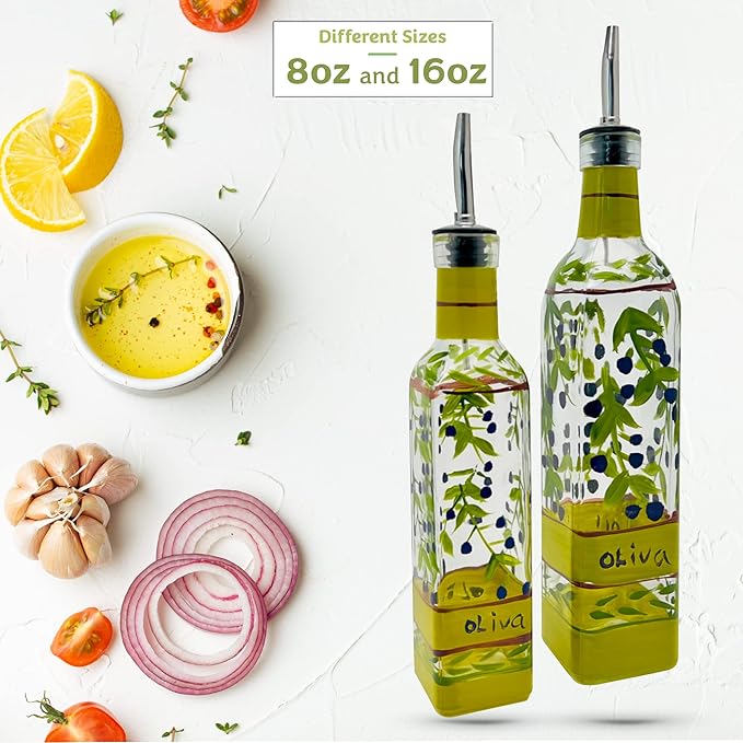 Hand Painted Glass Oliva Branch Oil/Vinegar Glass Cruet for Kitchen, 16 oz Olive Oil Dispenser With Stainless Steel Spout for Easy Pouring