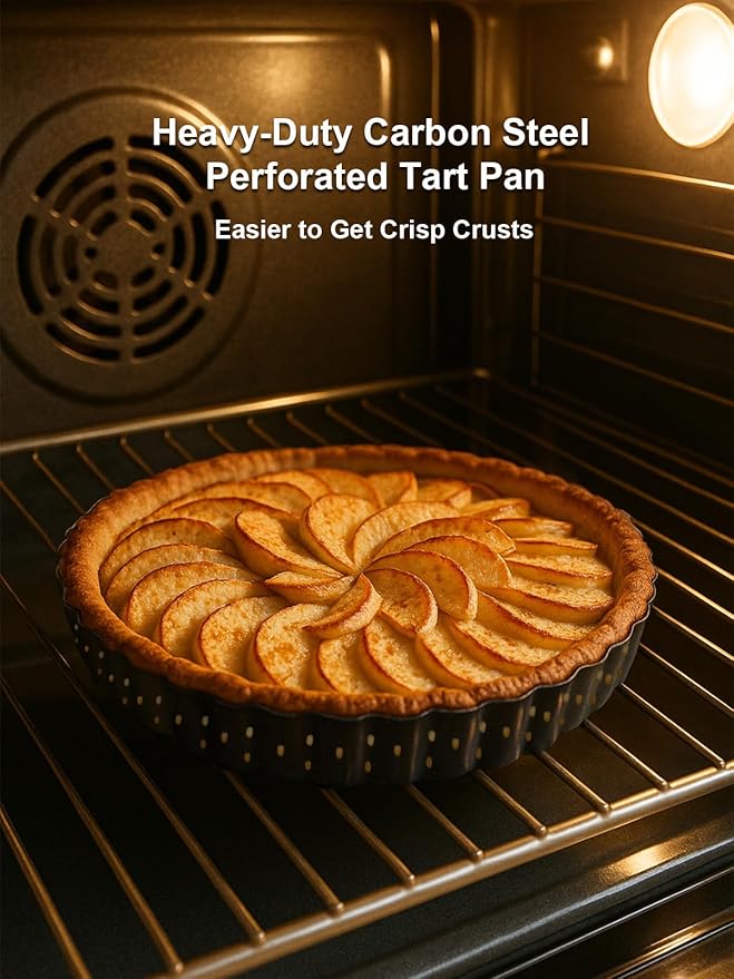 9 Inch Perforated Tart Pan for Crispy Crust w/Cake Server. Removable Bottom, Non-Stick Coating, Rugged Carbon Steel for Tart Quiche Pie Baking. Gift for Christmas Thanksgiving Party