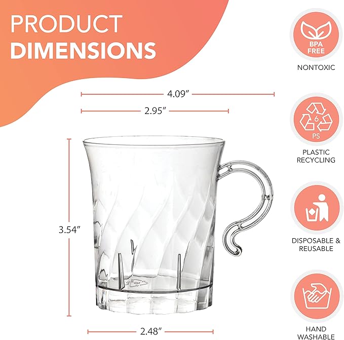 Party Essentials Hard Plastic 8 oz. Swirled Coffee/Tea/ Party Cups With Handle, Clear, 20 Count (N810-2)