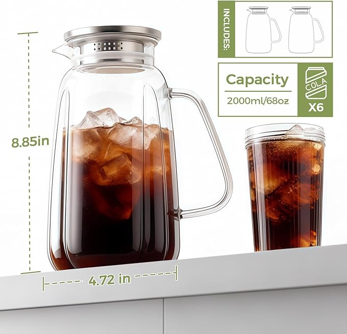2 Pack Glass Pitcher with Lid and Handle for Fridge, Iced Tea and Coffee Carafe Beverage Serveware, 2 Liters/68 oz Heat Resistant Borosilicate Water Jug for Hot/Cold Drinks