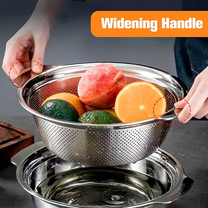 Stainless Steel Microporous Colander for Kitchen, 4QT Large Capacity, Colander and Bowl Set of Two, Stainless Steel Drain Basket with Mixing Bowl, for Washing Fruits and Vegetables