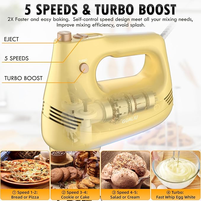 Electric Hand Mixer with Stainless Steel Whisk, Dough Hook Attachment and Storage Bag, Handheld Mixer for Baking Cakes, Eggs, Cream Food Mixers. Turbo Boost /5 Speed Kitchen Blender Yellow