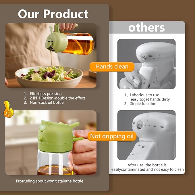 2PCS Olive Oil Sprayer for Cooking, 16oz/470ml Glass Oil Dispenser/Pour Bottle, Kitchen Accessories, Kitchen Gadgets for Air Fryer, Salad, BBQ, with Stickers (Black,Green)