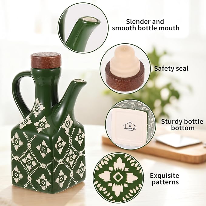 8.5 oz Green Ceramic Olive Oil Dispenser Bottle Decorative Olive Oil Dispenser Bottle with Handle & Wooden Stopper Relief Opaque Ceramic Oil Cruet for Kitchen Cooking Oil Vinegar
