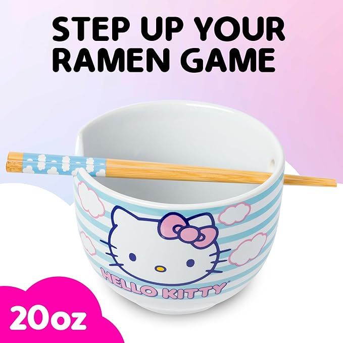 Silver Buffalo Sanrio Hello Kitty Blue and Pink Skies Ceramic Ramen Noodle Rice Bowl with Chopsticks, Microwave Safe, 20 Ounces