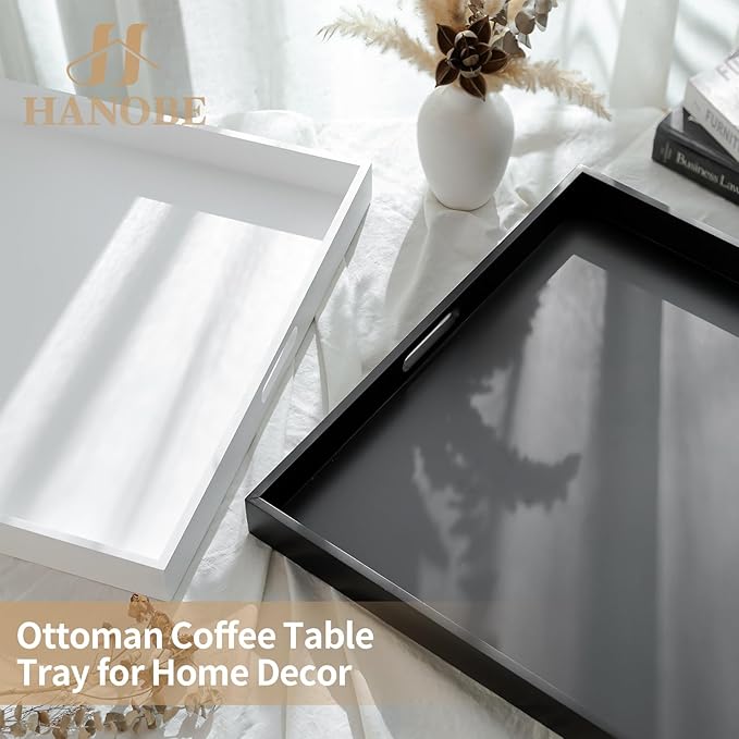 Hanobe Square Large Ottoman Tray: Modern Extra Large White Serving Decorative Trays with Cutout Handles for Living Room Coffee Table Home, 20"
