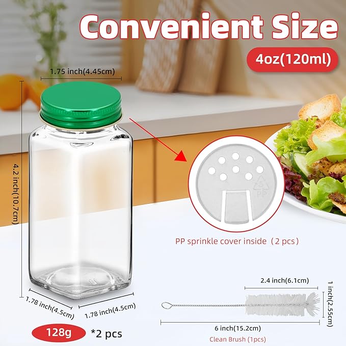 2Pcs 4oz Glass Spice Jars with Shaker Lids, Spice Jars Trial Set & Supplement Set, Empty Spice Containers and Square Spice Bottles for Kitchen (Green iron Lids)
