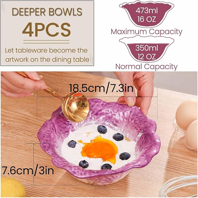 KXZ Purple Ramen Noodle Bowls Microwavable 7 Inch, 16 Oz Ceramic Dinner Bowl Sets of 4 for Kitchen, Orcelain Silverware Set for Cereal, Soup, Serving, Rice, Pho, Salad, Pasta, Chip, Fruits, Vintage
