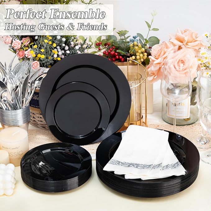 BESTSTAR 200PCS Black Plastic Plates Set, 100 10.25 inch Dinner Plates and 100 7.5 inch Dessert Plates, Premium Disposable Plates for Party, Wedding