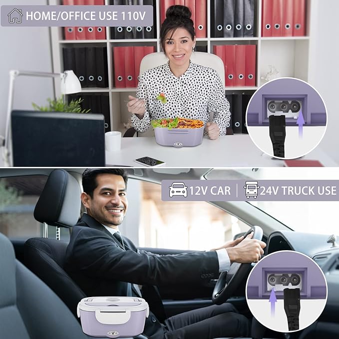 Electric Lunch Box Food Heater - 3 in 1 Portable Leakproof Heated Lunch Box for Car/Home/Adults with 1.5L Removable 304 Stainless Steel Container, 60-80W, 12V/24V/110V (Light Purple)