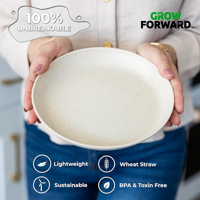 Grow Forward Premium Wheat Straw Plates - 8 Inch Reusable Hard Plastic Dinner Plates Set of 8 - Unbreakable Microwave Safe Plates for Dessert, Camping, RV, Outdoors, Patio, Kitchen Dishes - Moonlight