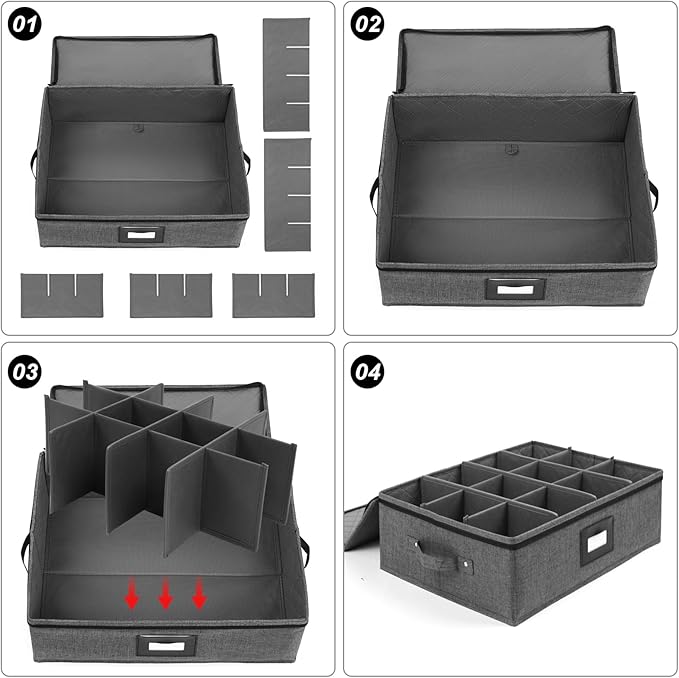 Mayniu Cup and Mug Storage Box 2Pack, China Storage Containers for 12 Tea Cups or Coffee Mugs with Zipper Lid and Rivet Reinforced Handles, Hard Shell and Stackable (Black)