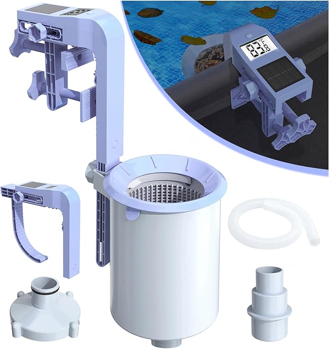 Newly Above Ground Pool Skimmer with Solar Digital Thermometer, Wall Mount Surface Skimmer with Adjustable Height Bracket, Auto Skimming for Pool Surface Floating Leaves & Debris-Lavender