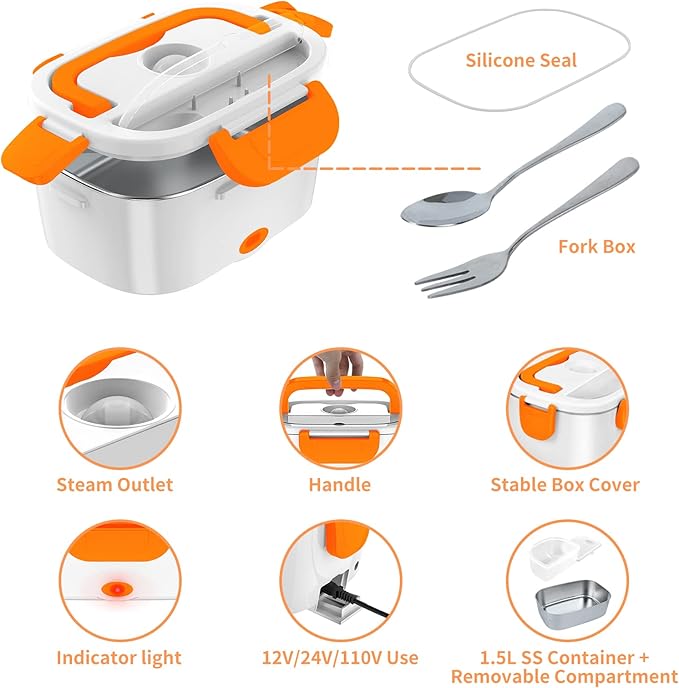 Electric Lunch Box, Food Warmer Heater 12V 24V 110V, 80W Faster Heated Lunch Box for Car/Truck/Home Portable Heating Boxes with 1.5L 304 SS Container Fork & Spoon, White+Orange