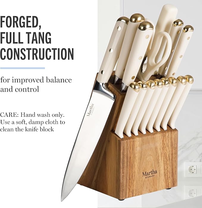 Martha Stewart 16 Piece Lockton High Carbon Stainless Steel Cutlery Kitchen Knife Block Set W/ABS Triple Riveted Forged Handle Acacia Wood Block - Linen White W/Gold