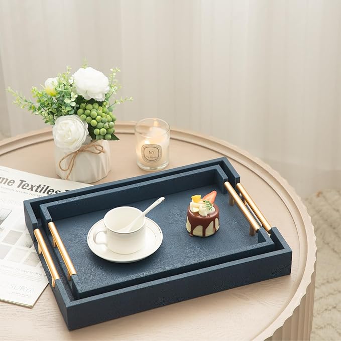 Modern Decorative Tray Set of 2, Blue Shagreen Leather Tray, Rectangle Serving Trays with Gold Polished Metal Handles, Ottoman Trays Coffee Table Perfume Kitchen Home Decor