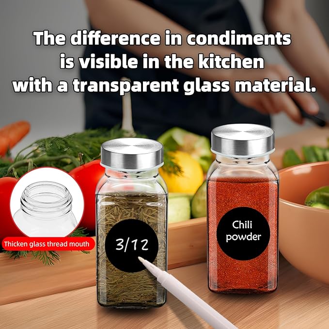 6Pcs 6oz Glass Spice Jars 304 Stainless steel Lids with Shaker Lids, Spice Jars Trial Set & Supplement Set, Empty Spice Containers and Square Spice Bottles for Kitchen (6)