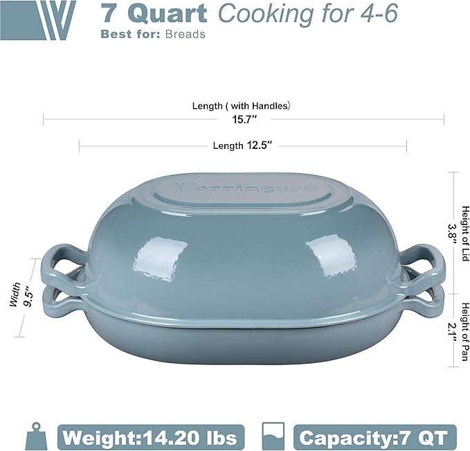 Enameled Cast Iron Sourdough Bread Oven, Dutch Oven, Loaf Cast Iron Bread Pan for Homemade Bread Baking, Meatloaf Pan with Lid, 7QT, Sea Salt