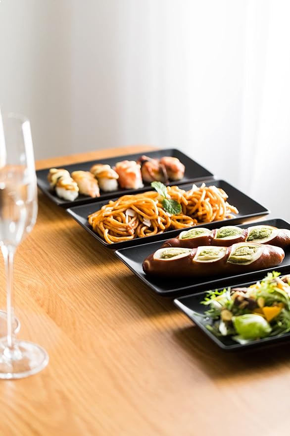 LAUCHUH Serving Platters, 10” Porcelain Serving Tray Sushi Plates Rectangular Platters for Christmas, Thanksgiving, Sushi, Dessert Cake, Appetizers, Meat, Set of 4, Black