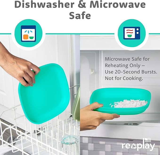 Re-Play Toddler Plates - 22 Oz. Deep-Walled Flat Kids Plates with 3 Lids - Dishwasher & Microwave Safe - Made in USA - Set of 3-7.37" x 7.37" x 1.25" - Aqua Asst