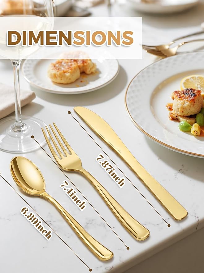 WDF 180 Pieces Disposable Plastic Gold Silverware Cutlery - Disposable Flatware Set 60 Forks, 60 Knives and 60 Spoons - Heavy Duty Gold Plastic Cutlery - Utensils for Baby Shower Wedding Spring