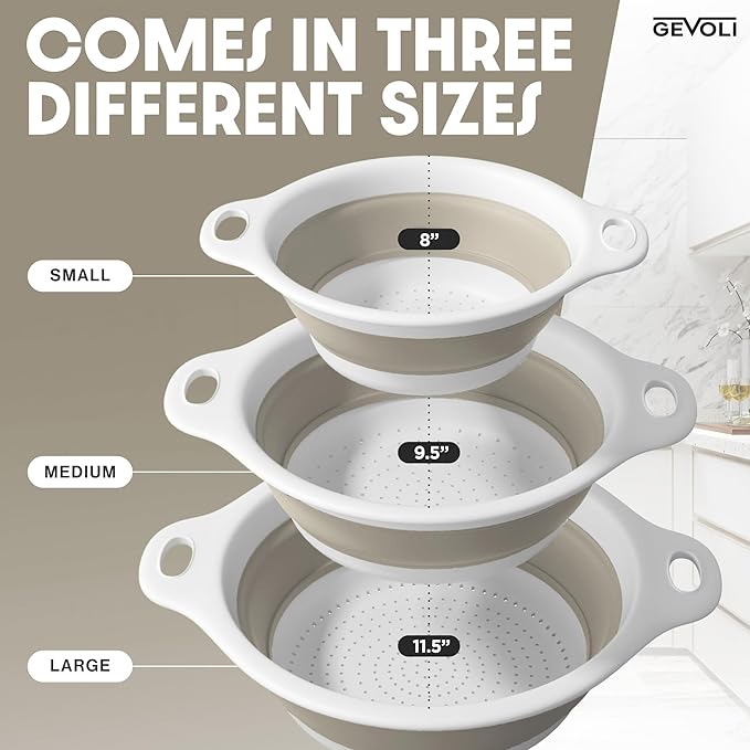 Collapsible Colanders (3 Pack Set) Food Strainers with Over-Sink Water Draining Base for Pasta Fruits and Vegetables, White/Beige (3 Sizes, 3QT, 4QT and 5 Quart)