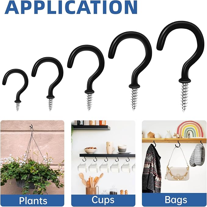 1-1/2" Black Vinyl Coated Screw-in Hooks, Ceiling Hooks Wall Hooks Hanging Hooks Kitchen Hooks Indoor Outdoor for Cups Decors Plants Utensils Lights Baskets Wreaths, 20 PCS