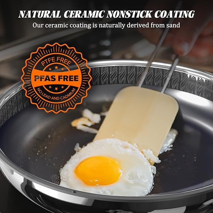 Hybrid Ceramic Nonstick Frying Pan 10", 3-Ply Stainless Steel Skillet, 2-Layer Coating, PFAS & PTFE Free Non Stick Frying Pan, 9H Hardness, Dishwasher Safe, Induction Compatible-Dark Gray