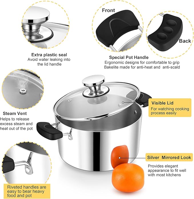 4 Quart 3-Ply Cooking Stock Pot with Lid, P&P CHEF Stainless Steel Large Pot for Pasta Soup, Work on Multi Stove, Heavy Duty & Dishwasher Safe, Dual Heat-resistant Handles & Transparent Glass Lid