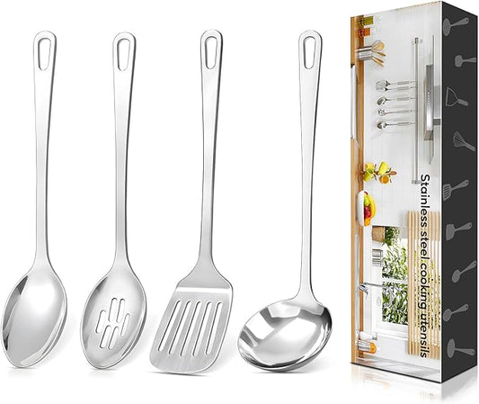 4 Pcs Cooking Utensils Set, Stainless Steel Kitchen Utensils, Heat Resistant Metal Kitchen Tools Include Slotted Turner Wok Spatula, Solid & Slotted Serving Spoon, Ladle, Easy to Clean, Silver