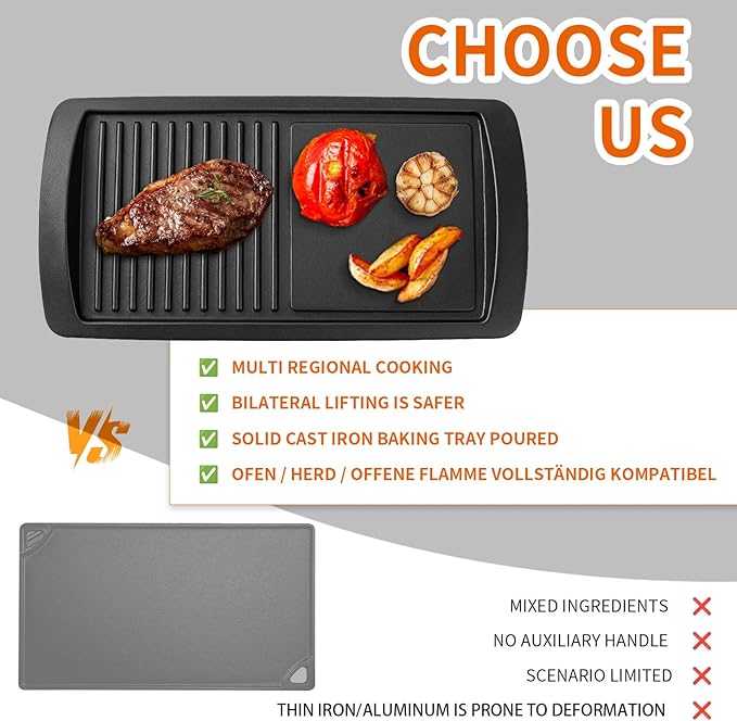 2-in-1 Cast Iron Grill Griddle Pan, Rectangular Double-Sided Cooking Pan with Dual Handles, Non-Coated & Healthy, Includes 2 Loofah Cleaning Brushes