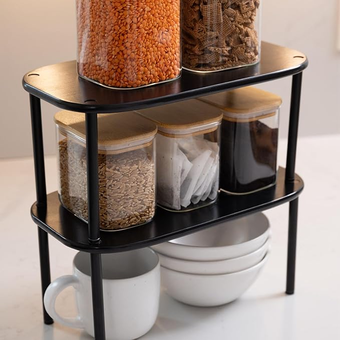 Ibyx Premium Kitchen Cabinet Organizer Shelf - Set of 2 Kitchen Counter Shelves - Stackable Shelf Racks for Cabinets - Bamboo Top with Metal Legs (Black)