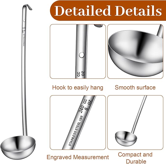 10 Pcs Stainless Steel Ladle 1oz/2oz/4oz/6oz/8oz Soup Ladle with Long Spoon Metal Spoon Sets Big Spoons for Stirring, Portioning, Serving Soup, Stew in Restaurants Home Cooking Soups Sauce