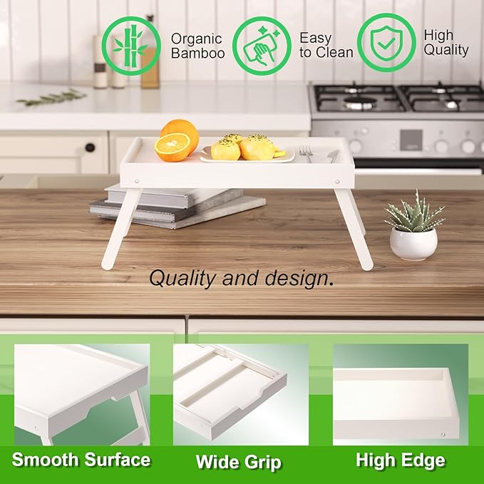 4 Pack Bamboo Bed Tray Table with Folding Legs,Breakfast Trays,Serving Tray for Food and Snack,Laptop Trays for Working(White)
