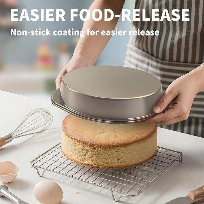 8 Inch Cake Pan, 3PCS Nonstick Round Baking Pans with 50PCS Parchment Papers, Durable Birthday Circle Cake Baking Pan with Handle for Multi-Layer Cakes, Dishwasher Safe