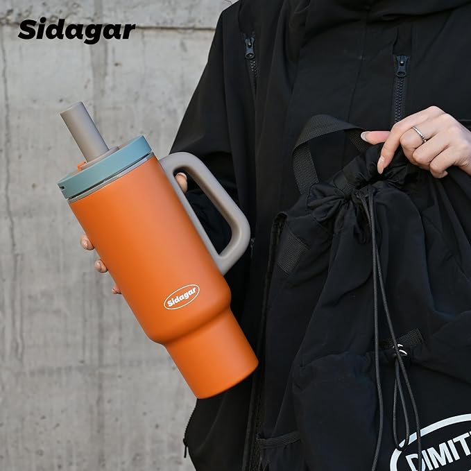 Tumbler with Handle,36 oz Ceramic Lined Travel Mug Water Bottle with Straw,Vacuum Insulated Stainless Steel Cup with Lid,Fits Cup Holder, Leak Resistant Press-in Lid,Orange